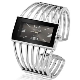 Women Luxury Cuff Bracelet Rectangular Dial Hollow Analog Quartz Wrist Watch for Ladies (Silver)