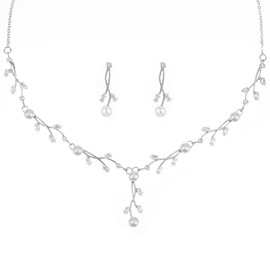 Yolev 2pcs Bridal Jewelry Set for Wedding Silver Necklace and Earring Set Pearl Floral Necklace Dangle Earrings Formal Pearl Necklace and Earring Set Silver Wedding Jewelry Sets for Brides