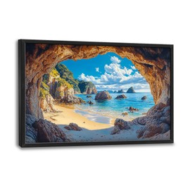 Beach Large Wall Art Rocky Cave Pictures Wall Decor Coastal Canvas Seascape Print Painting Modern Artwork Home Decoration for Living Room Bathroom Bedroom Office Framed 36"x24"