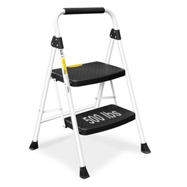 SocTone 2 Step Ladder, Folding Step Stool for Adults with Handle, Lightweight, Perfect for Kitchen& Household, 500lbs Capacity Sturdy Steel Ladder, White