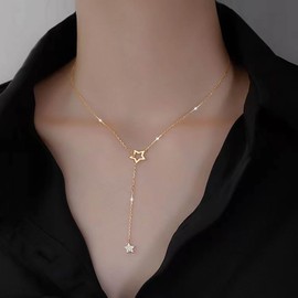 Inateannal Boho Crystal Star Y Lariat Necklace Rhinestone Star Pendant Necklace Gold Star Y Drop Necklace Minimalist Star Chain Necklace Jewelry for Women and Girls