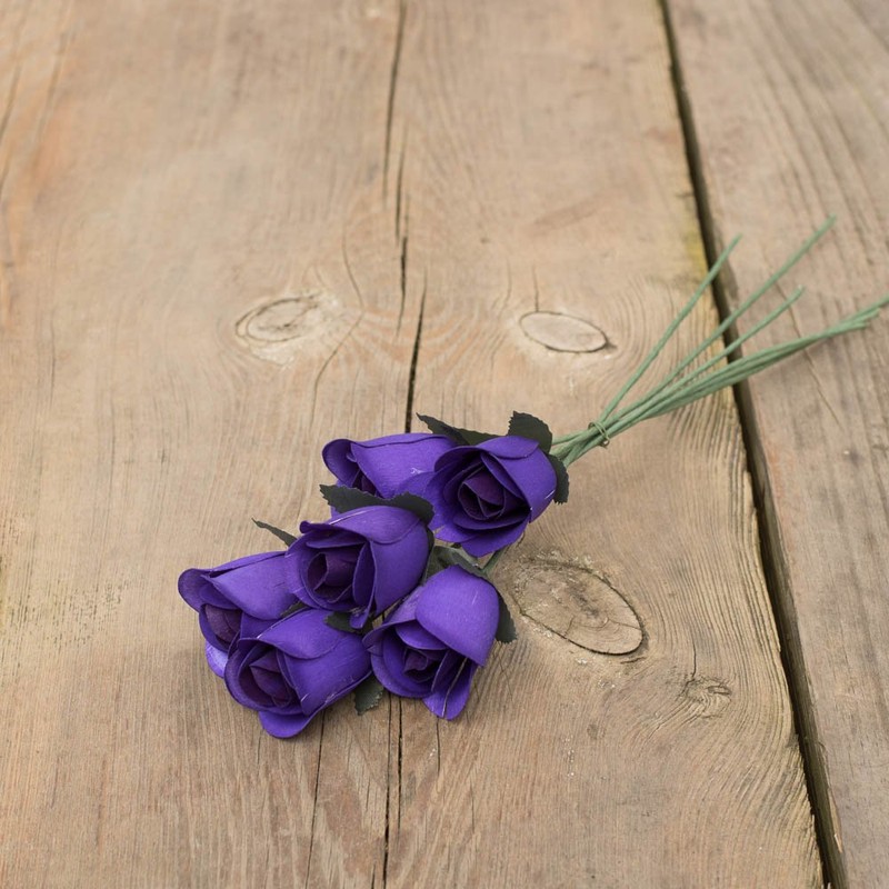 6 Purple Half Open Bud Wooden Roses for Crafts Custom