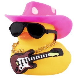 Wonuu Rubber Duck Car Ornaments Guitar Duck Cool Accessories Dashboard Decorations with Cowboy Hat Necklace and Sunglasses, Pink&White