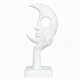 Lodkksg White Abstract Face Sculpture, Modern Art Decor, Hand on Chin Design, Tabletop Statue with Base