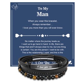 VGWON Mens Natural Stone Leather Bracelet, Valentines Day Gift for Him To My Man Leather Bracelet I Love You Mens Bracelet Mens Birthday Gift Boyfriend Husband Couple Mens