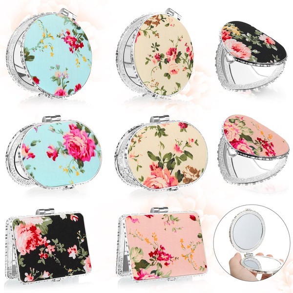 8 Pieces Compact Mirror Flower Small Mirror for Purse Makeup Pocket Mirror Floral Pocket Mirror Retro Folding Pocket Mirror Portable Travel Mirror for Women Girls Accessories, 4 Shapes (Retro Pattern)