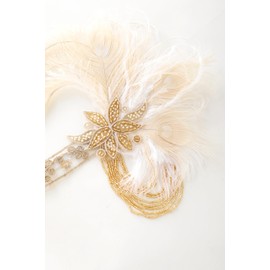 BABEYOND Flapper Headpiece for Women - 1920s Headband Roaring 20s Gatsby Accessories Peacock Feather Tassel Chain(Beige)