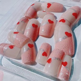 24Pcs Valentine's Day Glitter Press on Nails Short Square French Tip Fake Nails with Red Heart Design Glossy Pink Sparkly Cute Stick on Nails Artificial Nails Valentine's for DIY Manicure Decorations