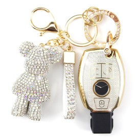 Rayslesan Cute Key Fob Cover with Rhinestone Bear Charm, Bling TPU Smart Key Case for Women, Compatible with Mercedes C/C AMG, E/E AMG, R S G CL GLK ML Series (3-Button, Gold White)