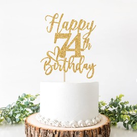 Decoración para tartas de feliz cumpleaños 74, decoraciones de cumpleaños 74 para hombres/mujeres, saludos a 74 años, Hello 74, suministros para fiesta de feliz cumpleaños 74, purpurina dorada