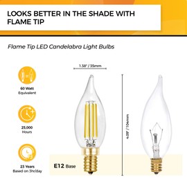 Hizashi LED Candelabra Bulbs 60 watt Equivalent 5000K Daylight White, Dimmable E12 Bulb Candelabra Base, 90+ CRI 6W 550LM, CA11 Flame Tip Candle Light Bulbs, UL Listed - 6 Pack