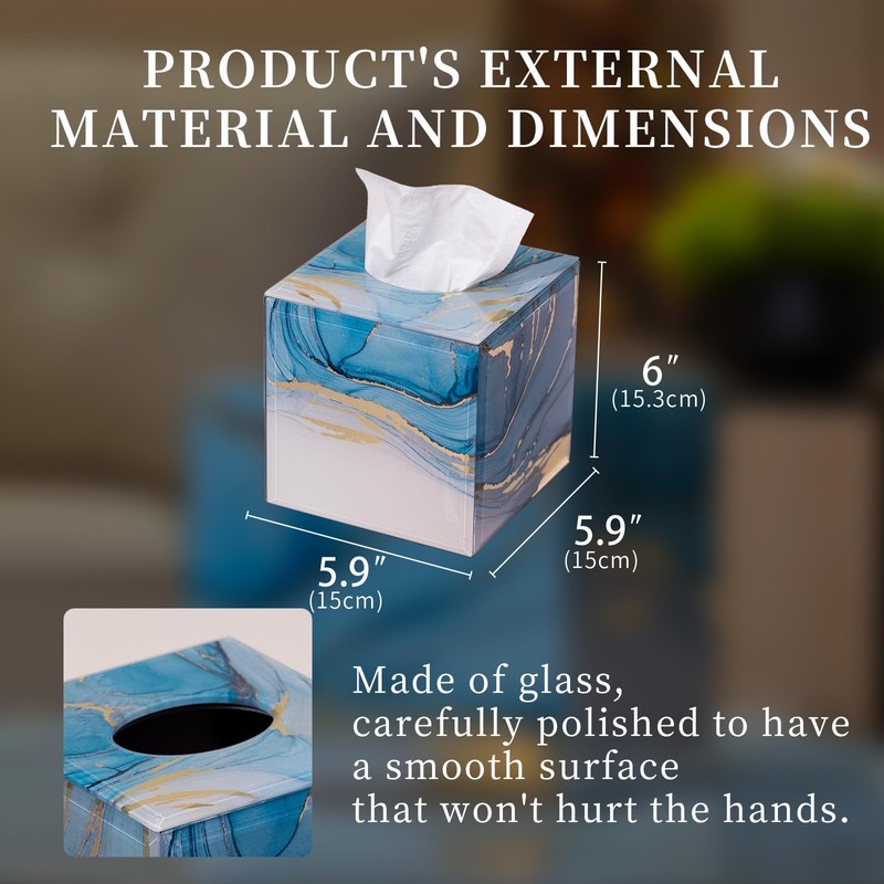 Timetrace Glass Tissue Box Cover Square-Marble Pattern Decorative Tissue Holder