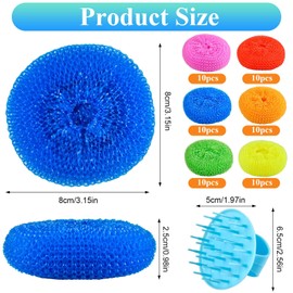 Akamino 60 Pcs Plastic Dish Scrubber, Non-Scratch Nylon Mesh Scouring Pads with 3 Short Handle, Round Pot Dish Scrubber Pads Cleaning Pad for Kitchen Cookware Household Cleaning, 6 Colors