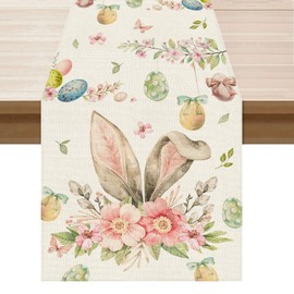 BOTB LIHM Easter Watercolor Bunny Ear Colorful Eggs Flowers Butterfly Cloth Table Runner Burlap Table Decoration for Spring Home Kitchen Dining Dinner Indoor Holiday Farmhouse Decor 13x72 Inch