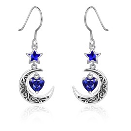 Shysnow Moon Birthstone Earrings for Women 925 Sterling Silver Half Moon Star Dangle Drop Earrings with Heart Crystal Birthday Jewelry for Women, Sterling Silver, Cubic Zirconia