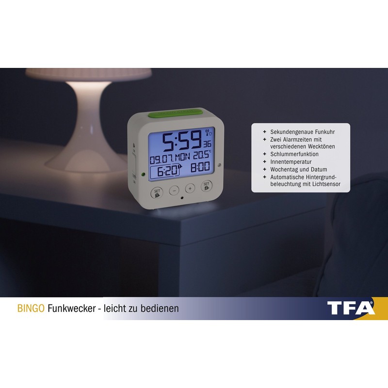 TFA Dostmann 60.2528.01 Bingo Radio-Controlled Alarm Clock