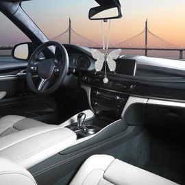 Bling Butterfly Diamond Car Accessories with Engine Start Stop Ring, Cars Rear View Mirror Charms, Car Decorations, Hanging Interior Decoration Pendant Lucky Gift for Women Girls, Silver