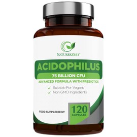 Natures Zest High Strength Acidophilus Probiotics 75 Billion CFU with Prebiotics 120 Capsules Friendly Bacteria Supplement, Vegan & Gluten Free, 4 Month’s Supply, UK Made