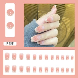 Press on Nails with Designs, Artificial Fingernails Acrylic Fake Nails for Women, 24Pcs Full Cover Reusable False Nails, Glue on Nails Short Square, Stick on Nails Coffin Shape(R435)