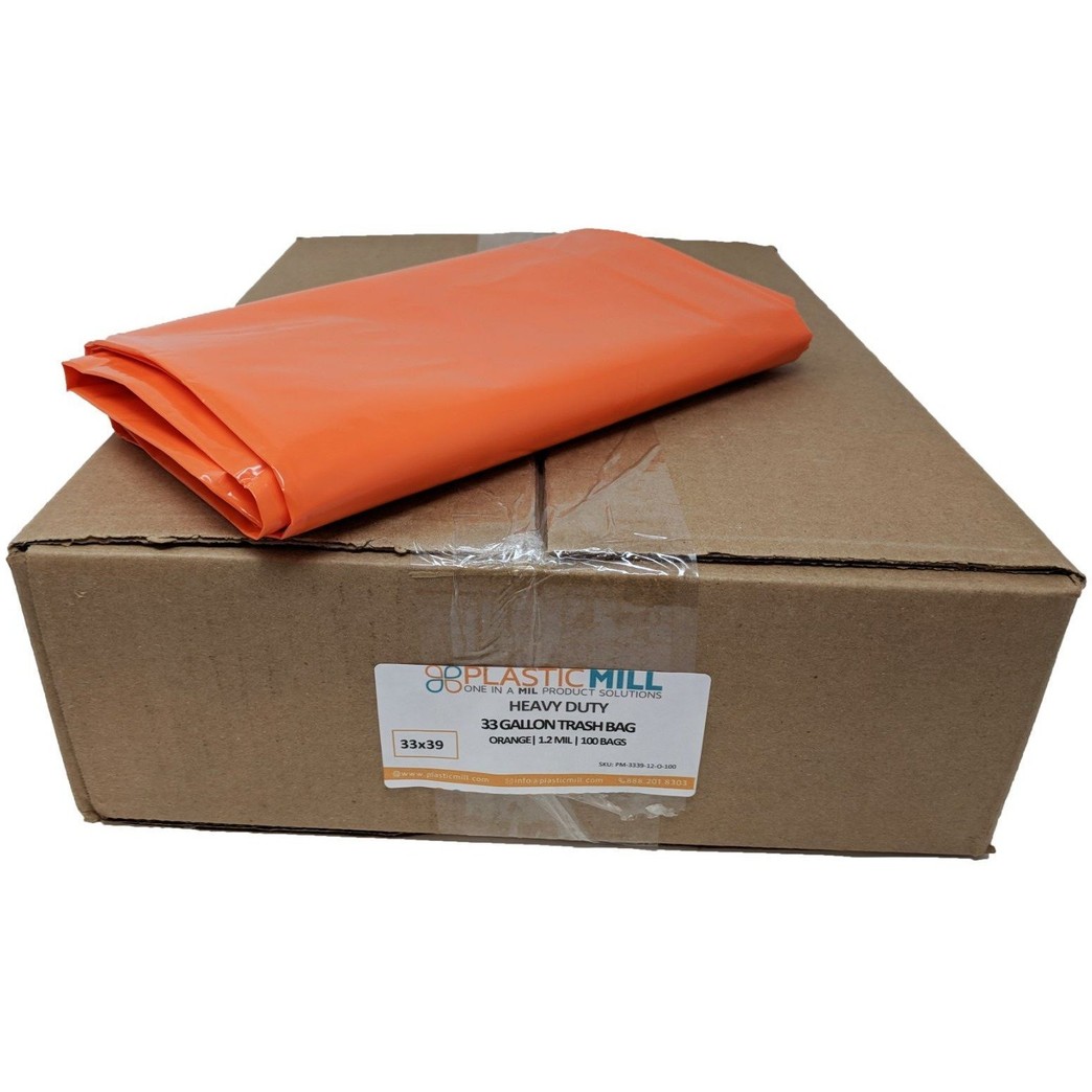 PlasticMill 33 Gallon Garbage Bags: Orange, 1.2 MIL, 33x39, 100 Bags.