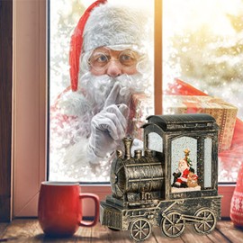 DRomance Music Snow Globe Train Lantern with Music and Timer, Battery Operated and USB Cable Santa Lighted Snow Globe Spinning Water Glitter (Bronze, USB Included)