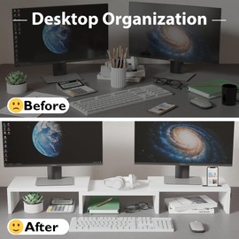 BONTEC Dual Monitor Stand Riser with Smartphone Holder, Adjustable Length & Swivel Angle Wooden Desktop Organizer Stand PC Riser for PC Monitor Laptop Printer, White