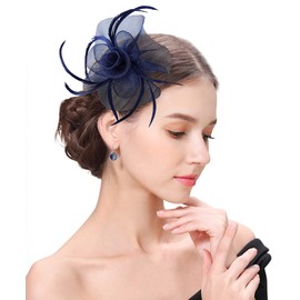 Z&X Ladies Girls Fasciantor Hat Mesh Spiral Flower Feather Tea Party Hat with Clip Brooch Navy Blue