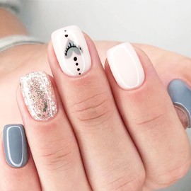 Leuhiove Blue Press on Nails Short White Fake Nails with Heart-shaped&Silver Glitter Designs Acrylic Press on Nails Glossy Glue on Nails Square False Nails with Glue Artificial Nails For Women Girls 24Pcs