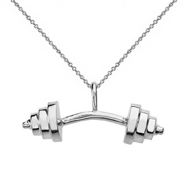 .925 Sterling Silver Weightlifting Curved Barbell Sports Pendant Necklace, 16"