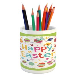 Lunarable Easter Pencil Pen Holder, Happy Day Lettering with Eggs Rabbit Flower Easter Image, Ceramic Pencil Holder for Desk Office Accessory, 3.6" X 3.2", Multicolor