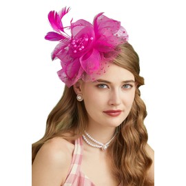 Cizoe Fascinators Hat for Women Tea Party Headband Kentucky Derby Wedding Flower Cocktail Mesh Feathers Hair Clip(1-Fushia)