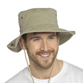 Thingimijigs Men's Safari Hat Stonewashed Cotton Cowboy Australian Outback Wide-Brimmed Sun Hat - Stone M/L