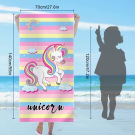 FEELJAM Children's Beach Towel Girls Unicorn Bath Towel Beach Towel 70 x 140 cm Girls Beach Towel Kids Swimming Shower Towel - Multicoloured Stripes