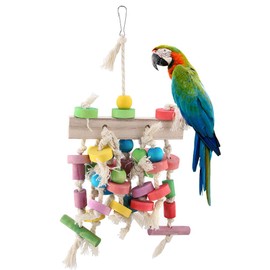 Bird Chewing Toy Parrot Cage Bite Toys Multicolored Wooden Blocks Tearing Toys Hanging Swing for Conures Cockatiels African Grey Macaws Foraging and Parrot Toys