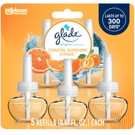 Glade PlugIns Scented Oil 5 Refills, Air Freshener, Coastal Sunshine Citrus, Essential Oil Infused Wall Plug In, 3.35 FL OZ, Pack of 5