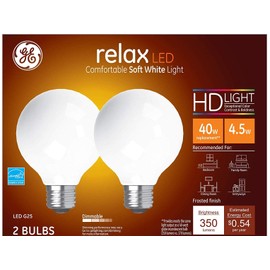 GE Lighting Relax LED Globe Light Bulbs, 4.5 Watts (40 Watt Equivalent) Soft White HD Light, Frosted Finish, Medium Base, Dimmable (2 Pack)