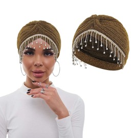 Bohend Flower Rhinestone Turban Cap Vintage Pearl Headwarp Beanie Pre Tied Pleated Bonnet Women Brooch Feather Head Cover Hat (Polyester, Gold 1)