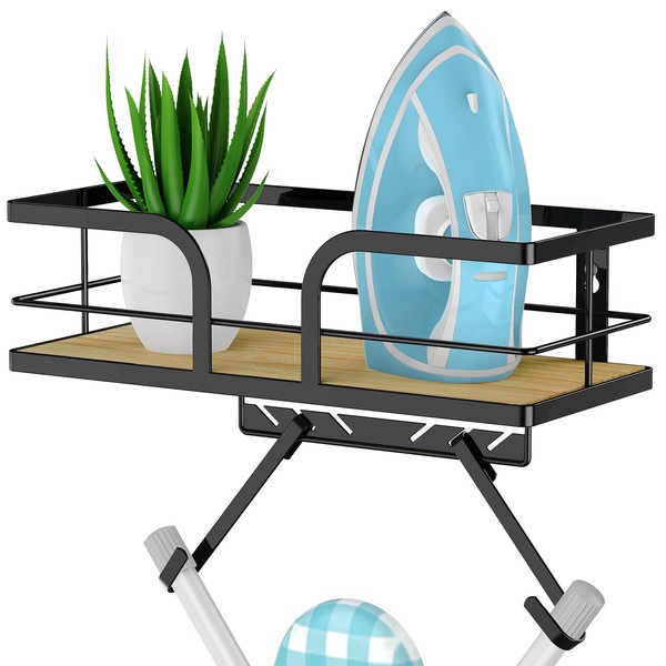 Vecallo Ironing Board Holder Wall Mount Laundry Room Iron and Ironing Board Holder, Metal with Large Storage Wooden Base Basket and Removable Hooks (T&V Shaped)