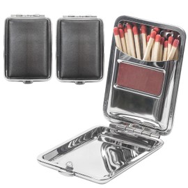 2Pcs Metal Match Box Case Stainless Steel Matchboxes with Friction Plate Striker, Matchstick Holder Mini Vintage Portable Storage Reusable Button Waterproof Fireplace Starter for Outdoor Camping-Black