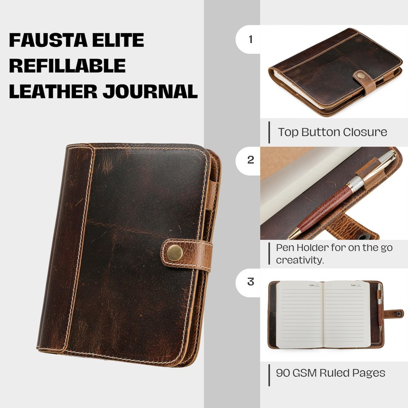 Fausta Refillable Leather Journal for Writing, 256 Pages (8 x