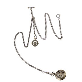 SIBOSUN Men's Double Albert Chain Pocket Watch T-Bar Watch Chain Curb Link Key Chain 3 Hooks with Antique Compass Pendant Design Charm Fob Bronze