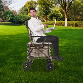 CNCEST Foldable Shopping Cart with Seat | Portable Mobility Cart for Elderly & Limited Mobility | Supportive Walk, Shop & Travel Carts | Storage Basket & Comfort Handle | Checkered Pattern