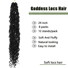 LMZIM 24 inch Goddess Locs Crochet Hair 8 Packs Faux Locs Crochet Hair for Black Women Pre Looped River Locs Crochet Hair with Curly Ends 1B