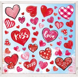 JarThenaAMCS 9 Sheets Valentine's Day Window Clings Pink Red Love Heart Window Stickers Double-Side Glass Decals for Wedding Anniversary Party, 7.9 x 11.8 Inch