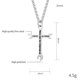 Aprila Men Wrench Cross Necklace,Stainless Steel Silver I Can Do All Things Inspiring Bible Verse Pendant Necklace Christian Jewelry,60cm Rolo Chain