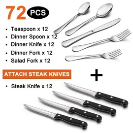 LIANYU 72-Piece Silverware Set with Steak Knives, Stainless Steel Flatware Cutlery Set for 12, Fancy Eating Utensils Tableware, Dishwasher Safe, Mirror Finish