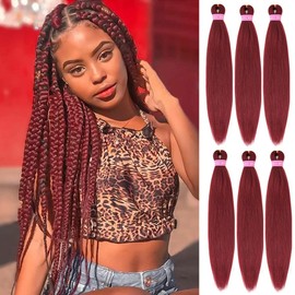 MSBELLE Red Braiding Hair Pre Stretched,20 Inch 6 Pack Prestretched Braiding Hair Extensions for Women Synthetic Soft Yaki Texture Crochet Braids Hair Extensions (Burgundy 900#)