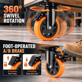 Heavy Duty Swivel Caster Wheels for Workbenches – 4-Pack PVC Casters with A/B Brakes for Smooth, Controlled Mobility
