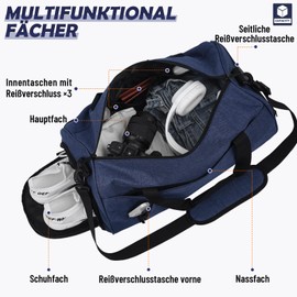 BECOJADDE Sports Bags for Men and Women, 35L Travel Duffel Bag, Overnight Bag with Shoe Compartment & Wet Compartment, Waterproof Carry On Bag for Sports, Gym, Swimming, navy blue, Travel handbag
