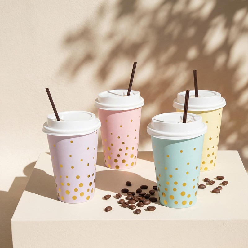 40 Set 12oz Pastel Gold Dot Paper Cup Sparkly Gold